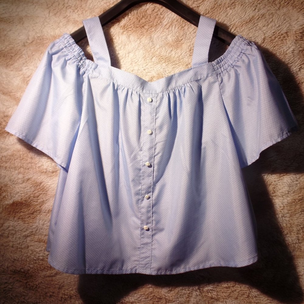 Light blue dot off shoulder with flower buttons